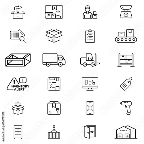 Illustration of logistics and supply chain icons featuring boxes, trucks, and warehouse elements design