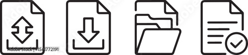 Black and white file icons depicting upload download folder and document with checkmark on white background