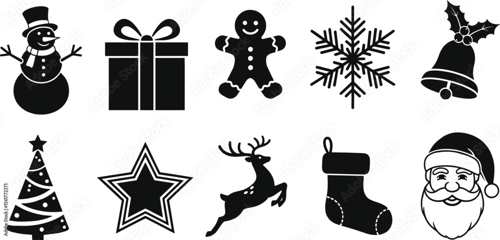Naklejka premium Set of Christmas and Holiday Decoration Icons. Festive symbols including Christmas trees, Santa Claus, gifts, and winter elements. 