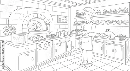 Charming Line Art Illustration of a Baker in a Cozy Bakery Kitchen