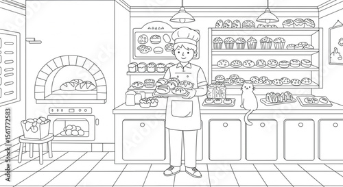 Charming Black and White Illustration of a Baker in a Cozy Bakery