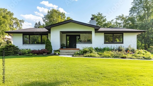 The front exterior entrance of a newly painted white siding brick ranch style house with a large yard that has been recently renovated. 
