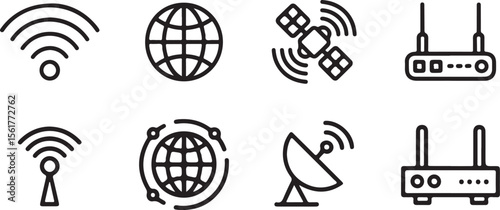 Black and white internet and communication icons including wifi signal globe satellite dish and router illustrations