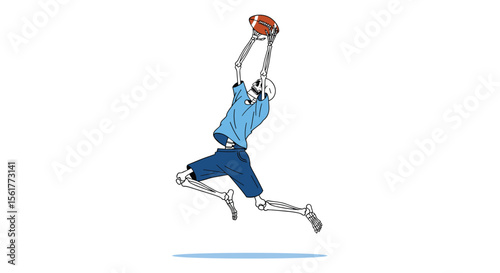 Skeleton player performs a powerful slam dunk with incredible athleticism in a dynamic basketball game illustration