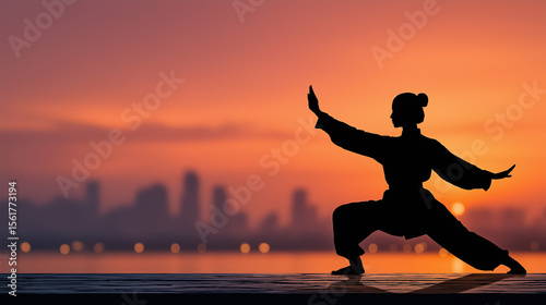 Woman practicing tai chi on rooftop at dawn with city skyline