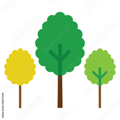 Three young deciduous trees in a stylized vector illustration