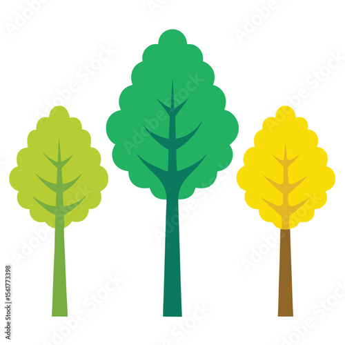 Illustration of three young deciduous trees in vibrant colors