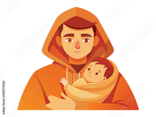 Loving father holding his adorable baby wrapped in a warm blanket isolated on white background
