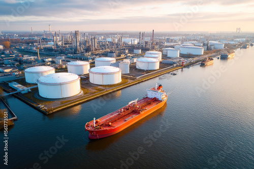 Oil tanker operations on waterway near industrial oil storage facility aerial view maritime transportation context urban environment