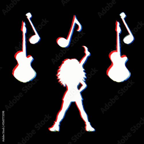 White silhouettes of music notes dancing with guitars, styled in EDM glitch effects with neon edges, pixel distortion