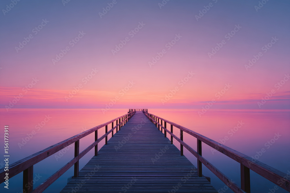 Obraz premium Tranquil sunset over serene lake pier at dusk scenic photography calm waters wide angle view nature's beauty