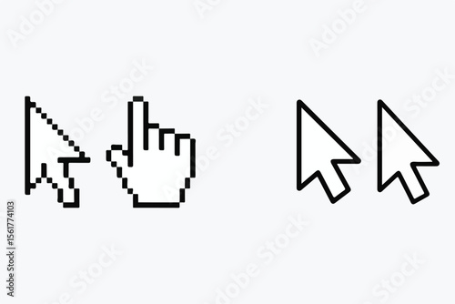Pixelated and smooth cursor icons with hand pointer silhouette isolated on white background
