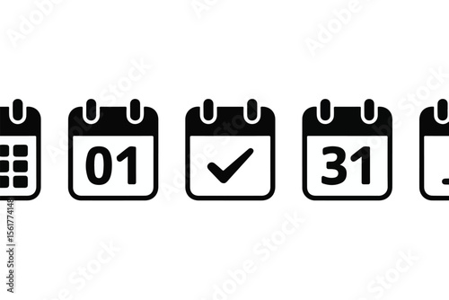 Collection of calendar icons with dates and checkmark silhouette on white background isolated on white background