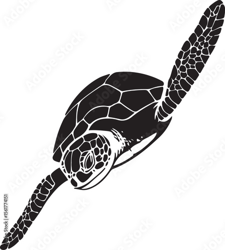Sea turtle flying silhouette design, Ocean turtle graceful black artwork