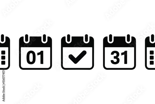 Row of calendar icons showing dates and a checkmark isolated on white background silhouette