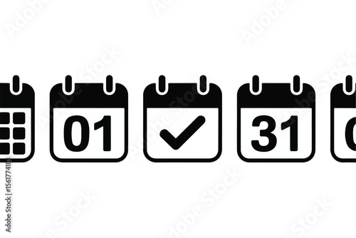 Calendar icons showing dates and a checked day silhouette on white background isolated on white background