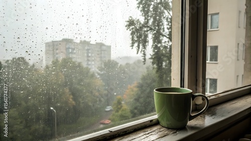 Rainy Day Window View with Green Mug and Morning Fog
