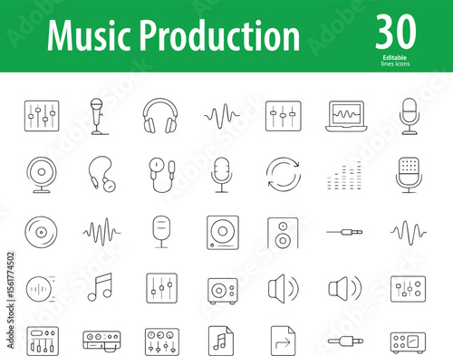 Music Production Line Icons, Audio Mixer, Headphones, Microphone, Sound Waves, Studio Monitor, Recording, Editing Software, and More, Editable Formats: AI, EPS, JPG, PNG, Ideal for Both Digital