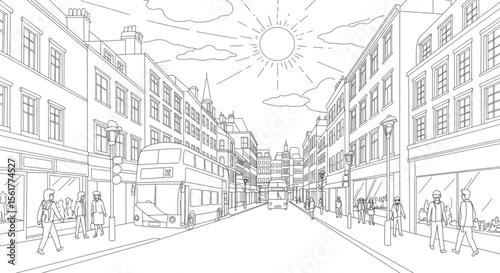Sunlit City Street Line Art Illustration of Urban Landscape