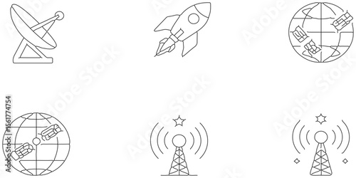 Modern tecnology of icon set about to satelite and space connection with communication futuristic design, black line icon set of design and art related to join connection.