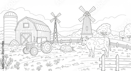 Farm Scene Coloring Page Tractor, Barn, Cow, Windmills