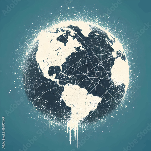 Stylized artwork of the Earth featuring continents and oceans in a black ink-style finish with artistic splashes. Background color offers contrast to emphasize the artistic.