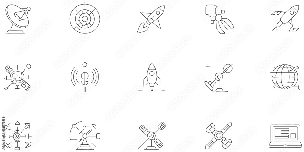 Fototapeta premium Modern tecnology of icon set about to satelite and space connection with communication futuristic design, black line icon set of design and art related to join connection.
