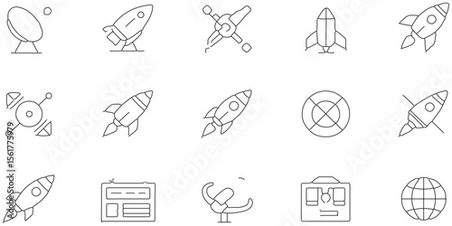 Modern tecnology of icon set about to satelite and space connection with communication futuristic design, black line icon set of design and art related to join connection.