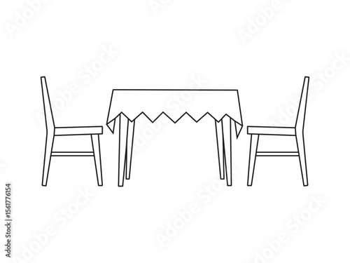 Simple Line Drawing of a Dining Table and Chairs. Linear symbol of the furniture and interior with one line drawing of an armchair and table.