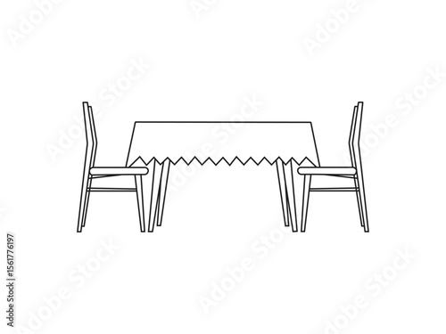 Simple Line Drawing of a Dining Table and Chairs. Linear symbol of the furniture and interior with one line drawing of an armchair and table.
