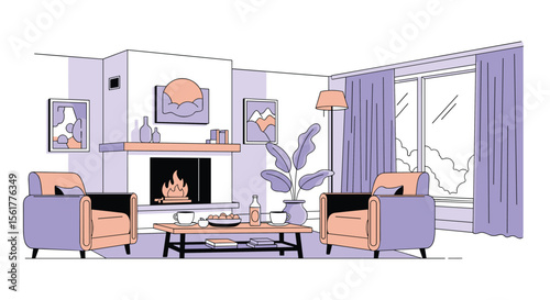 Cozy Living Room Interior Design with Fireplace and Large Window Offering Natural Light