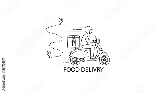 Line Illustration of Food Delivery on Scooter with Route Markers and Fork-and-Knife Icon, Representing Fast Courier Service