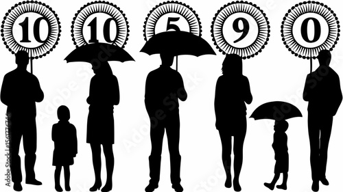 Silhouetted figures with umbrellas and scorecards displaying numbers in a monochrome illustration