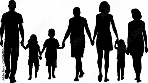 Silhouette of a family walking together holding hands with parents and children in black and white graphic