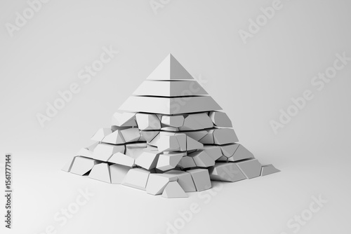 White pyramid with broken base on a white background in minimalism and monochrome. Illustration of the concept of unstable foundation and problematic class system