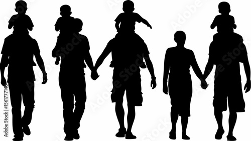 Silhouette of families with children on shoulders and holding hands walking together happily outside