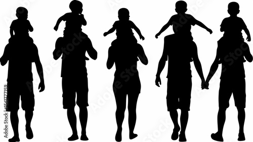 Silhouettes of parents carrying children on shoulders and holding hands walking together in a group