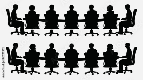 Silhouette illustration of two meeting tables with people sitting around them in a conference room