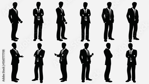 Silhouette illustrations of business people in various poses standing on a white background showing suits