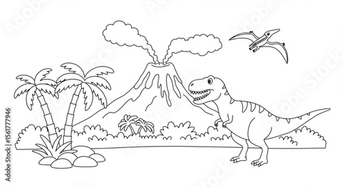 Prehistoric Volcano Landscape with T-Rex and Pterodactyl Coloring Page