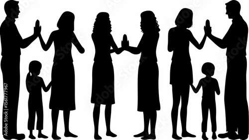 Silhouette of two families with children touching hands in a show of unity and connection together