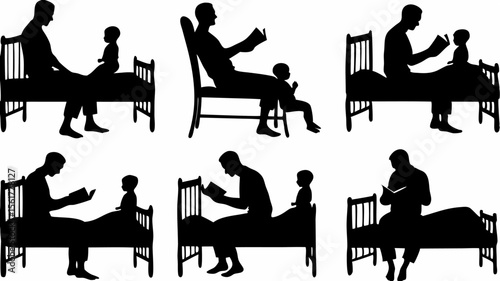 Silhouettes of fathers reading books to their children in different scenarios and positions shown here