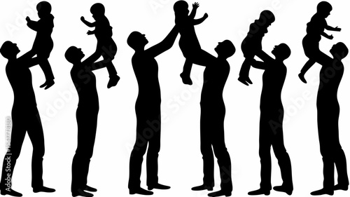 Silhouettes of fathers lifting their babies up in the air showing a strong bond and happy family moments