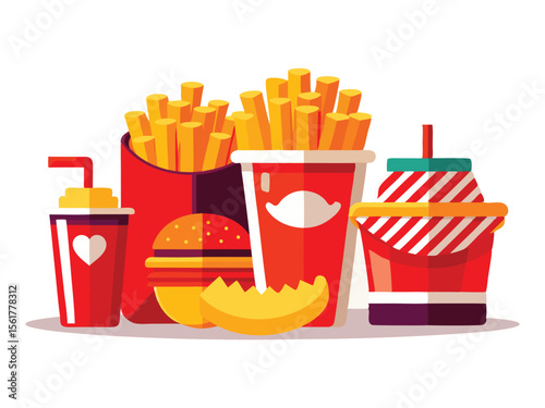 A colorful illustration of fast food items including french fries burgers and drinks isolated on white background
