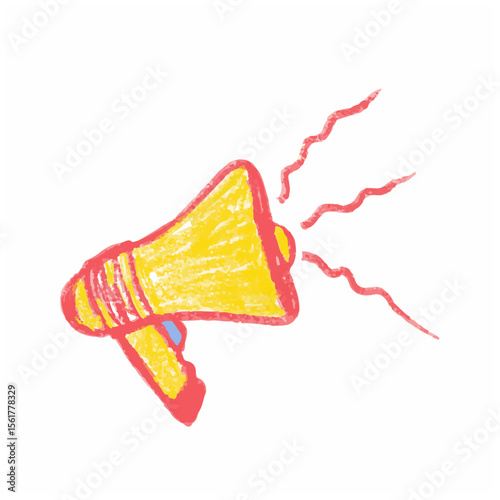 Colorful hand-drawn megaphone illustration with red sound waves on white background
