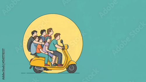A minimalist cartoon illustration of a yellow scooter with multiple people riding together against a large yellow circular background