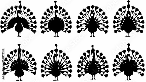 Silhouette depictions of peacocks with varying feather displays in a symmetrical arrangement on white background