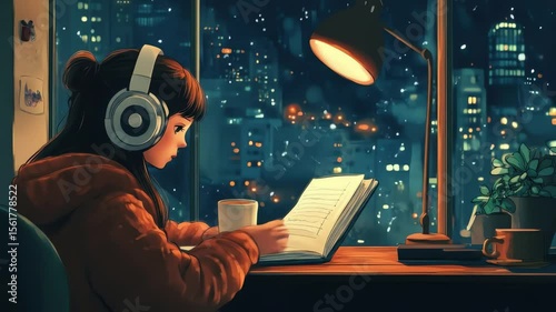 An animated girl studies near a window with headphones on in a city at night