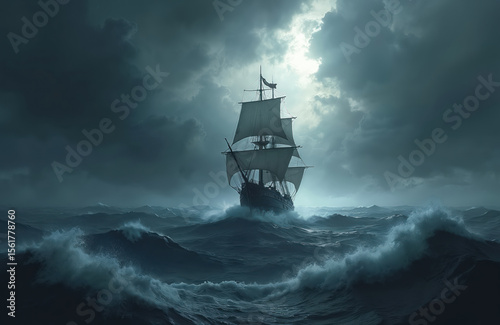 Pirate ship navigating stormy seas under dark skies. Historic sailing vessel on turbulent ocean waves. Maritime adventure, nautical travel, seafaring exploration during storm weather.
