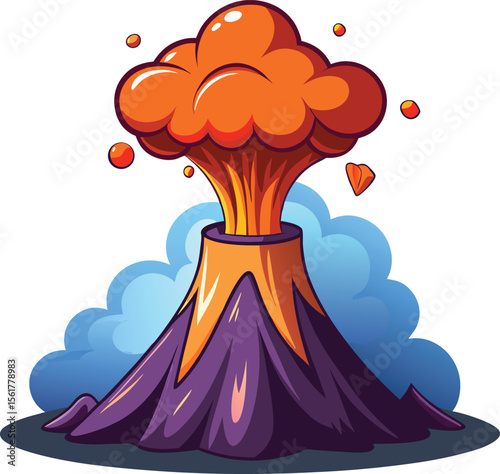 Cartoon volcano erupting with orange lava and blue smoke